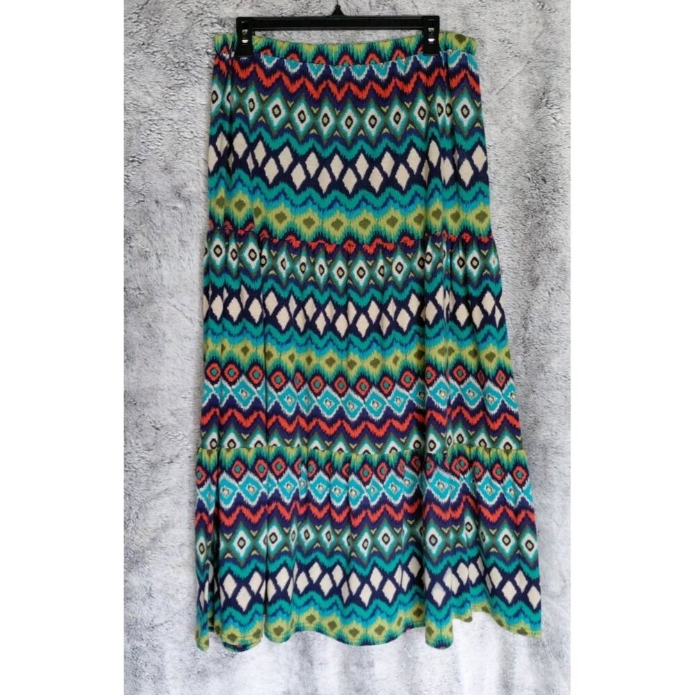 New Directions Tiered Knit Maxi Skirt Med Ikat Peacock Boho Long Gypsy Hippie